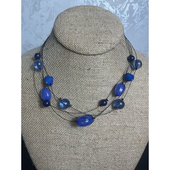 Blue Beaded Multi-Layered Necklace With Adjustable Chain - Picture 1 of 3